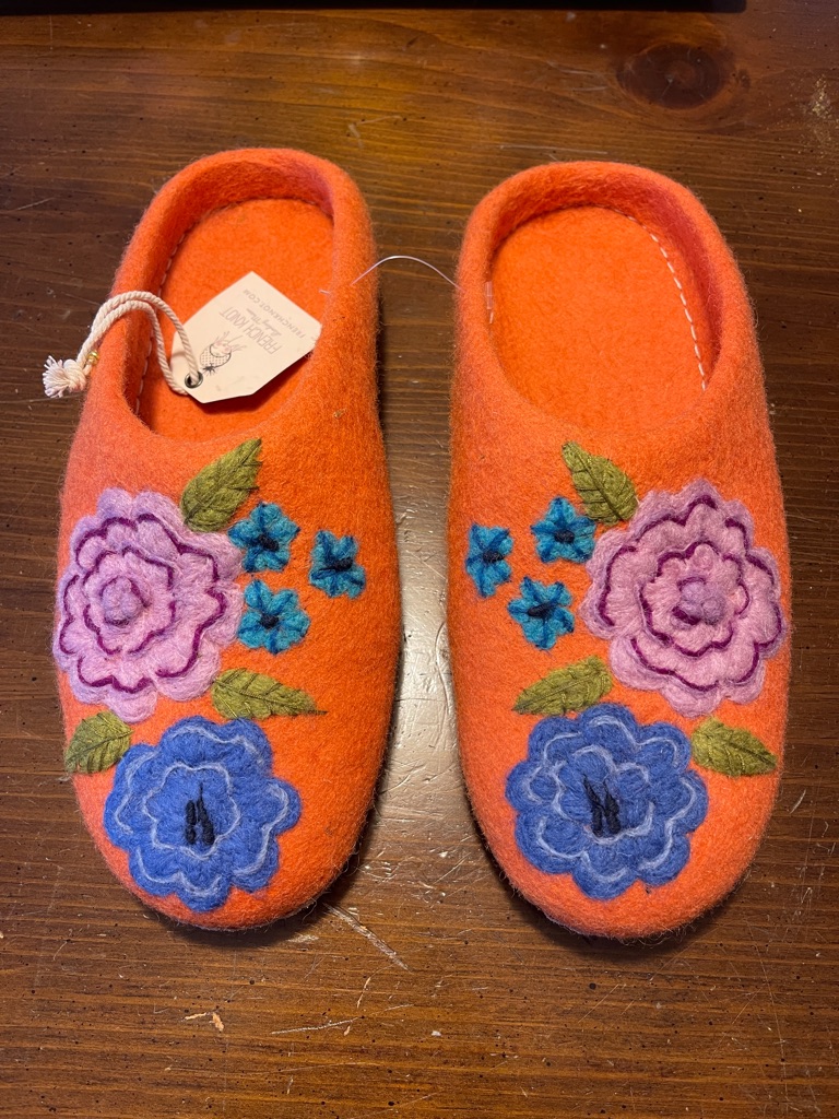 French Knot Dahlia Orange Floral Felt Slip-On Women’s Slippers